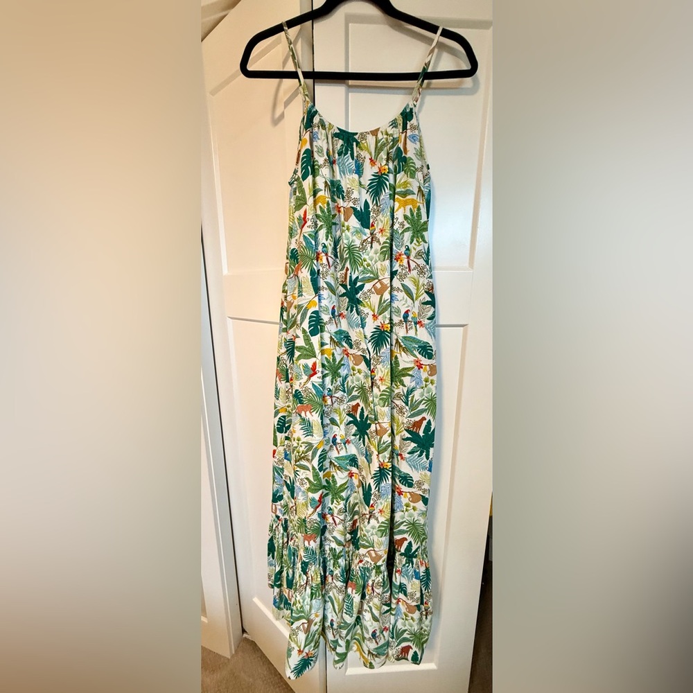 Tropical Print Green & White Spaghetti Strap Maxi Dress